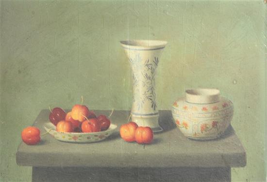 19th century English School Still life of vases and fruit on a ledge, 4.75 x 7in.